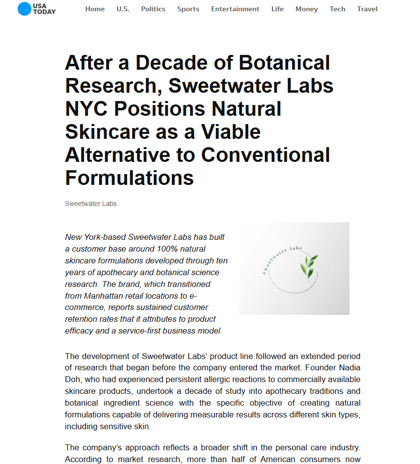 USA Today feature — Sweetwater Labs NYC natural skincare