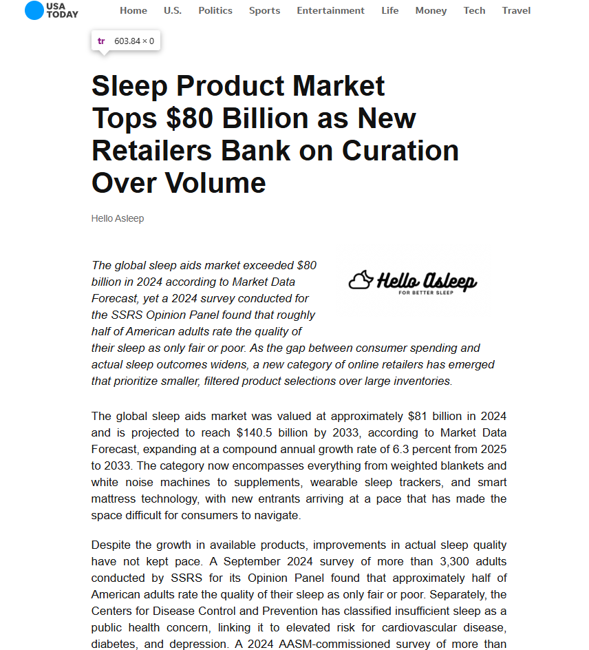USA Today feature — sleep product market